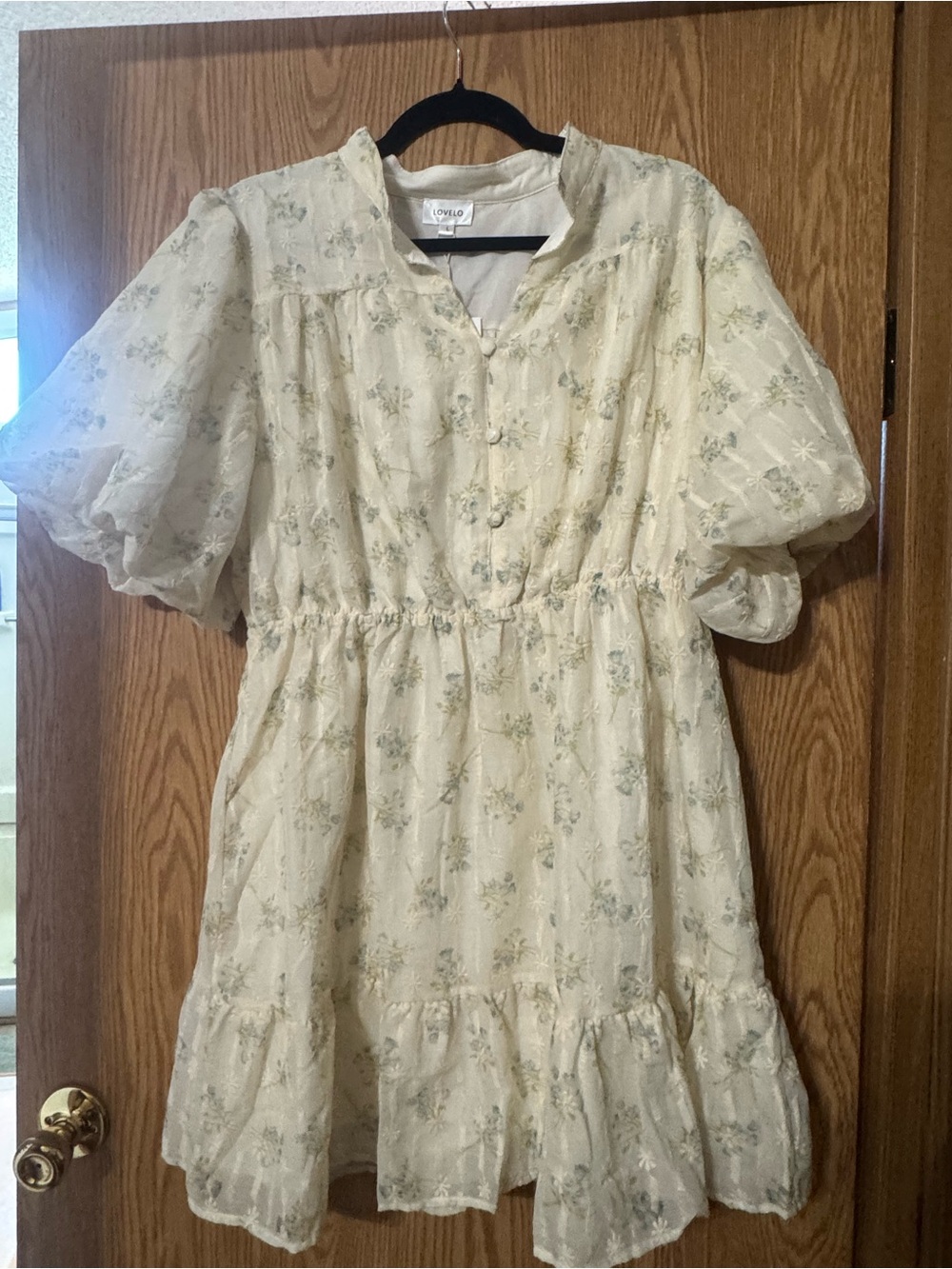 Lovelo Size L Cream Floral Puff Sleeve Dress